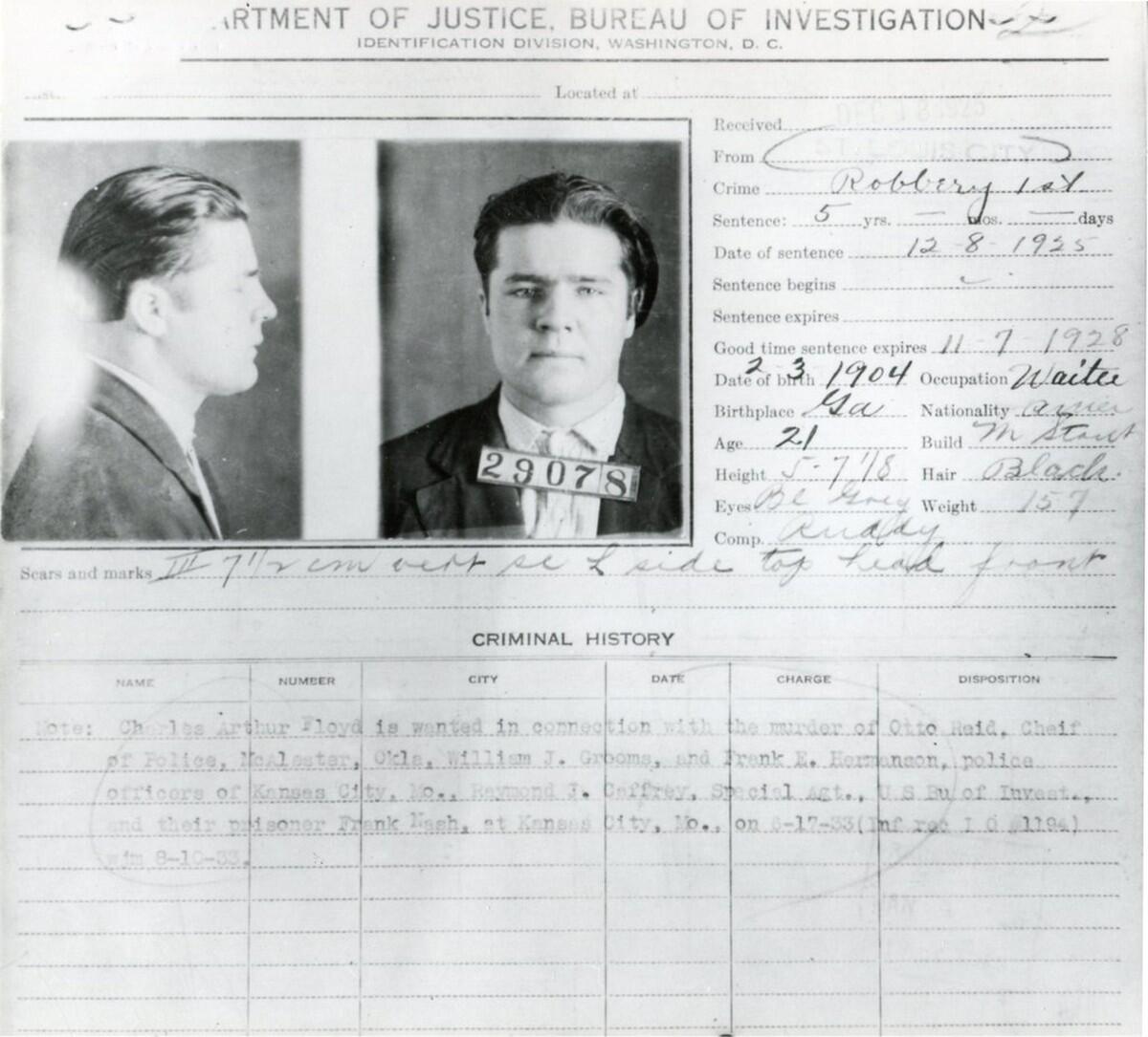 Bureau of Investigation identification card for Charles Arthur Floyd with front and side photographs
