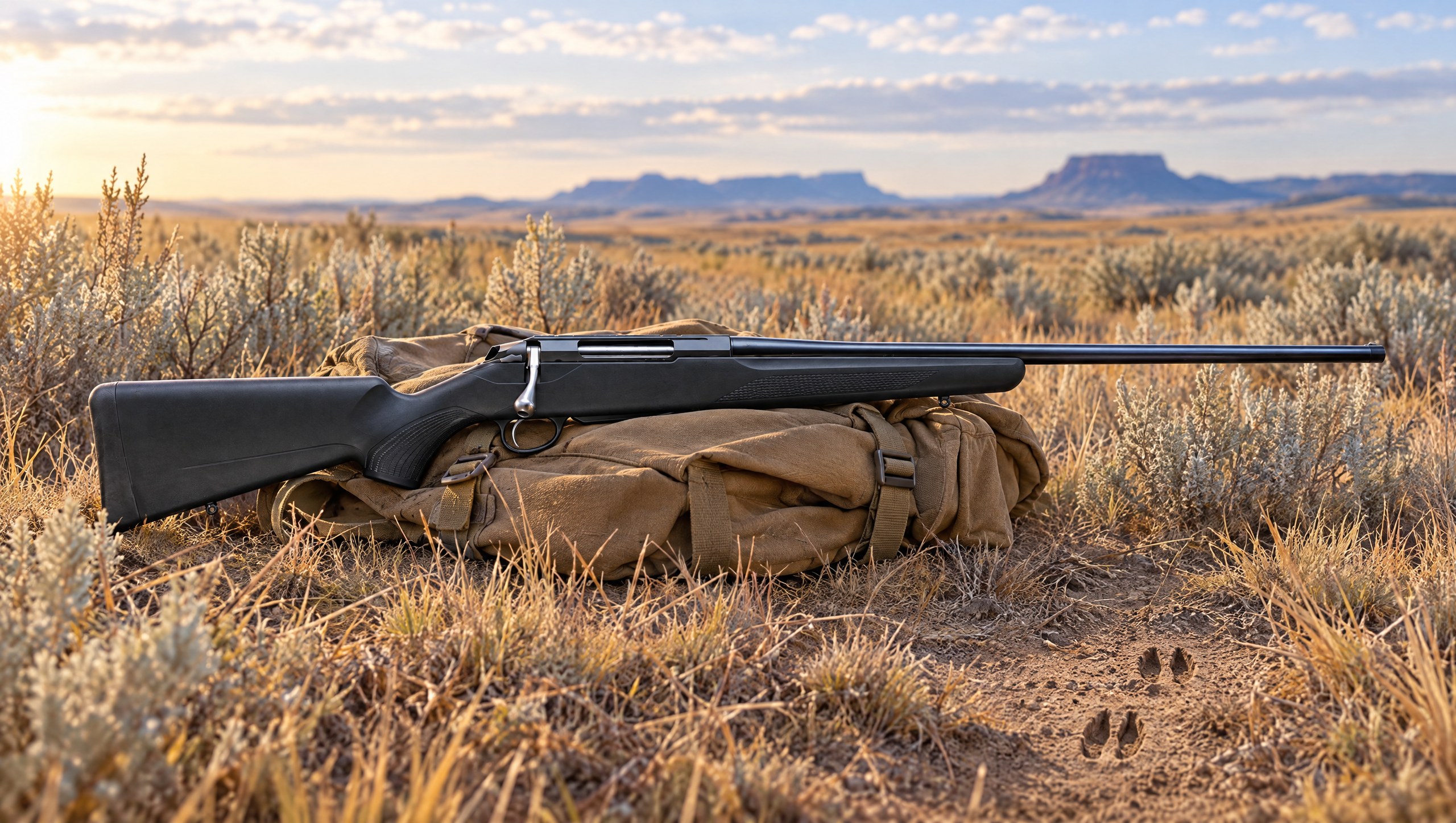 Tikka T3x Lite bolt-action rifle with black synthetic stock resting on a canvas daypack in Wyoming sagebrush prairie at sunset, with pronghorn tracks in the dirt