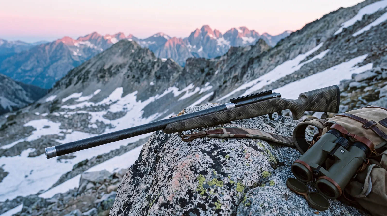 Proof Research Elevation carbon fiber rifle resting on a lichen covered granite boulder on an alpine ridge at dawn with snow patches and distant peaks