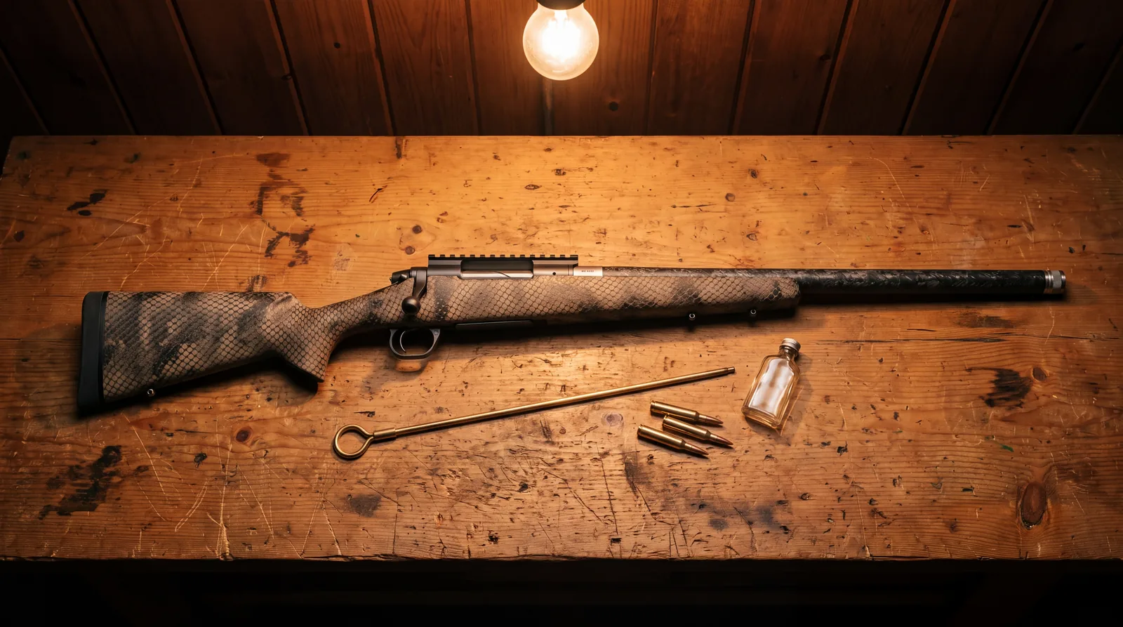 Proof Research Elevation carbon fiber rifle photographed from overhead on a pine cabin workbench under a warm tungsten bulb with a brass cleaning rod and cartridges