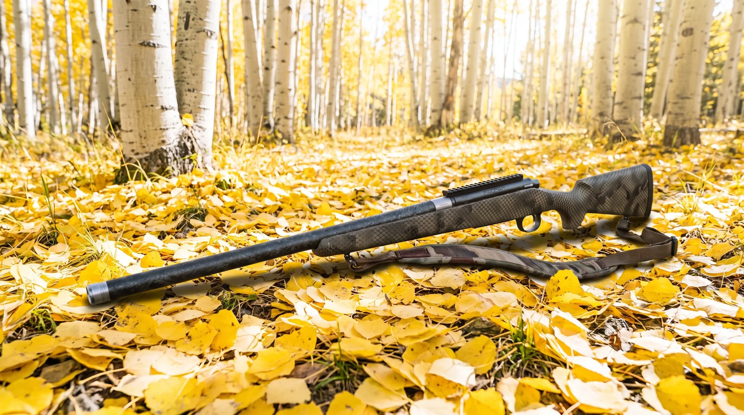 Proof Research Elevation lying on bright yellow aspen leaves under white aspen trunks on a sunny midday