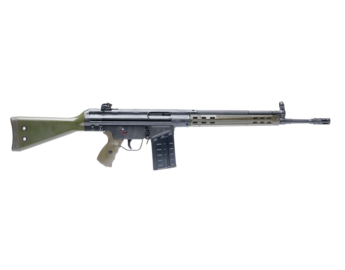 PTR GI .308 rifle right side with claw-mount receiver and green surplus furniture