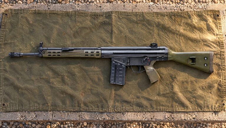 PTR GI .308 roller-delayed rifle with green furniture lying flat on a canvas tarp at an outdoor range