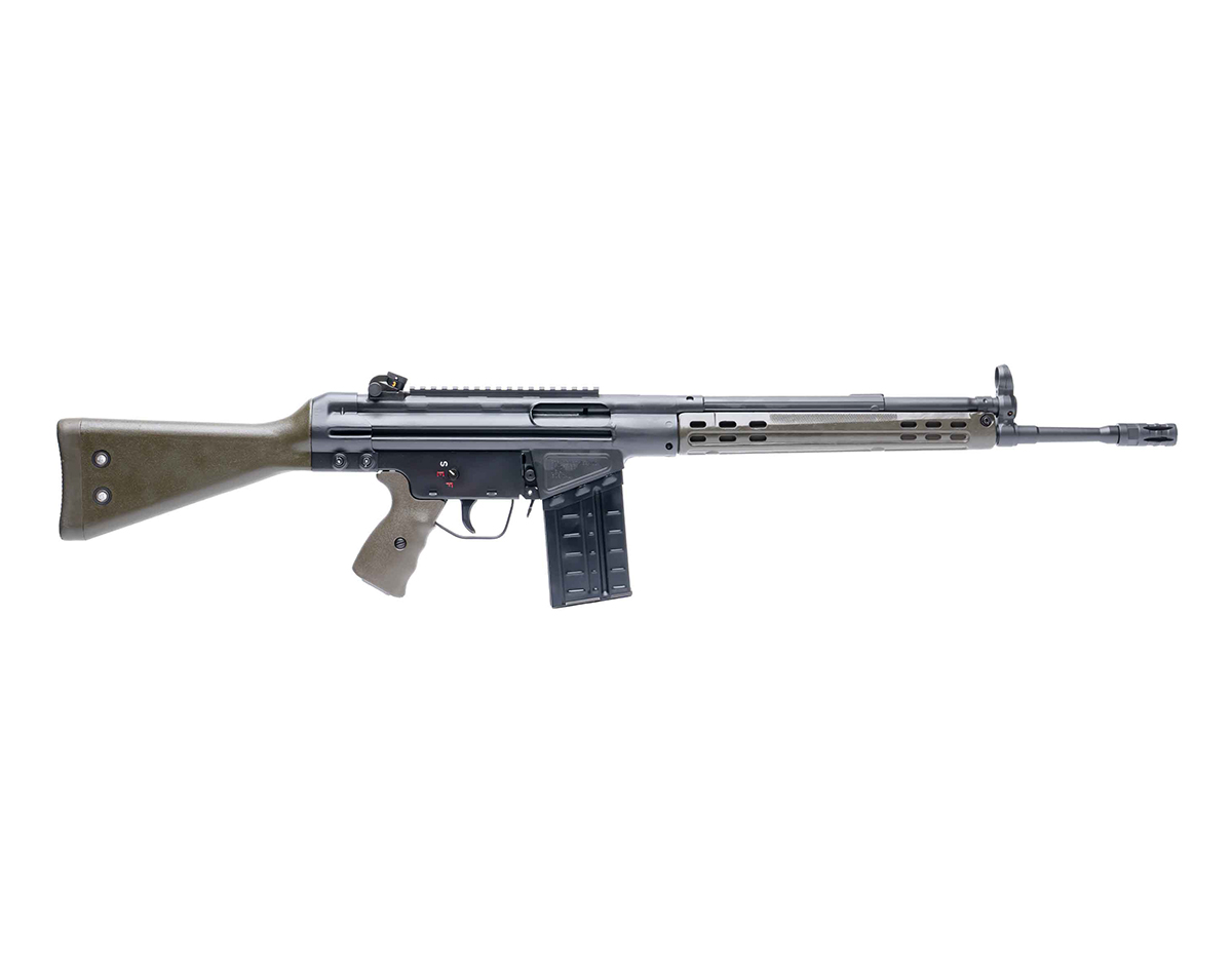 PTR GIR .308 rifle right side with welded Picatinny rail and green surplus furniture