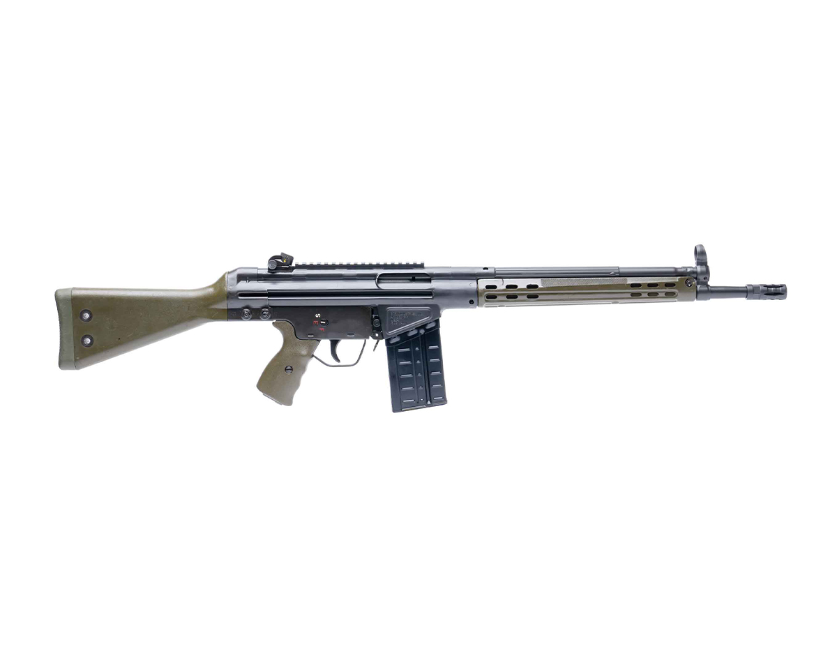 PTR GIRK 16-inch .308 rifle right side with welded rail and green furniture