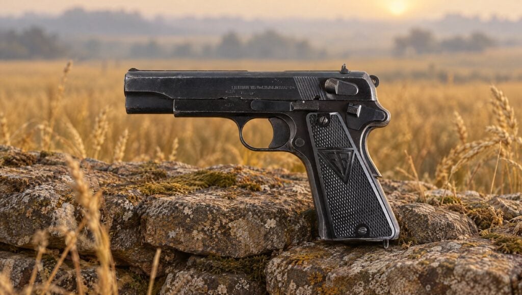 Polish Radom VIS 35 pistol on a fieldstone wall beside a wheat field on a hazy morning