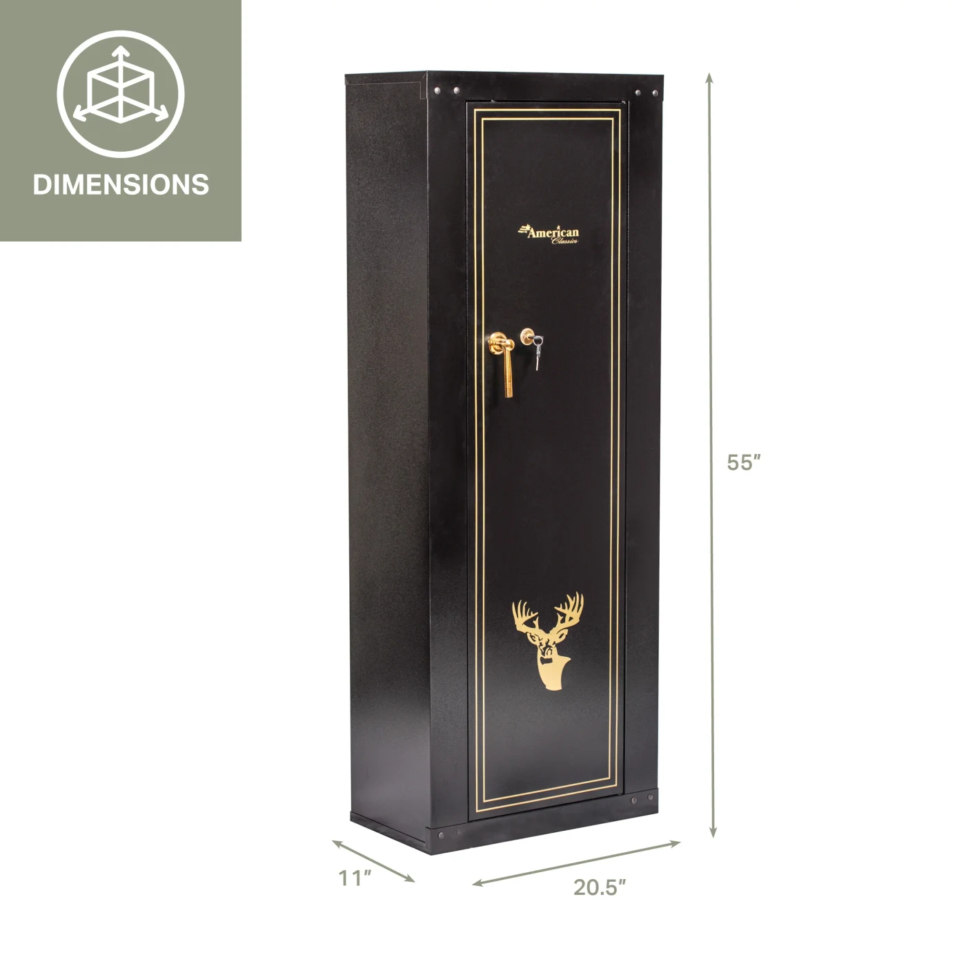 American Classics 8-gun steel security cabinet with the manufacturer dimension drawing showing 55 inches high by 20.5 wide by 11 deep