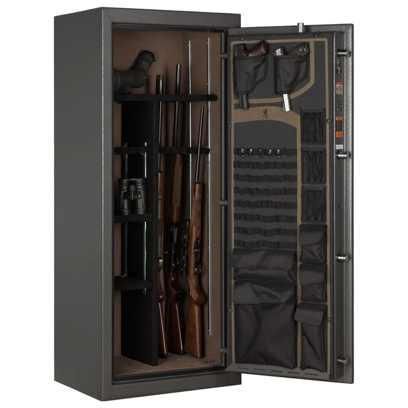 Browning Sporter SP20 gun safe standing open showing the door thickness, the locking bolts down the door edge and the door organizer