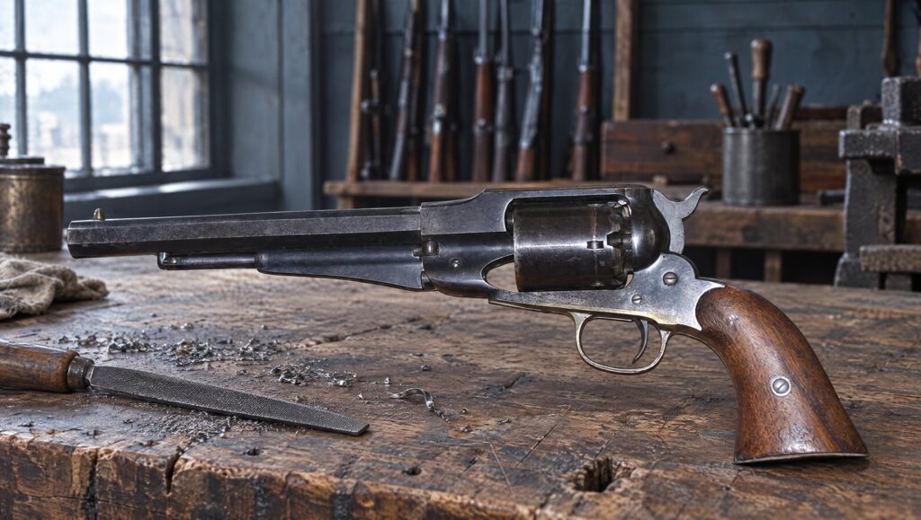 Remington New Model Army percussion revolver on a workbench in an 1860s armory workshop