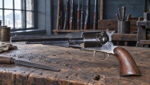 Remington New Model Army percussion revolver on a workbench in an 1860s armory workshop