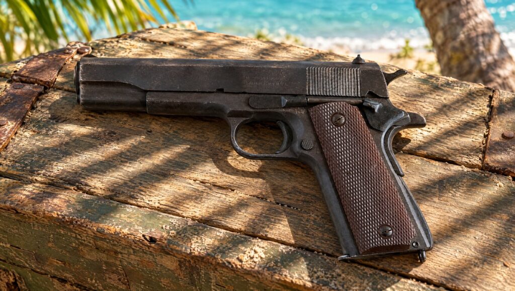 Wartime M1911A1 .45 pistol on a supply crate on a Pacific beach