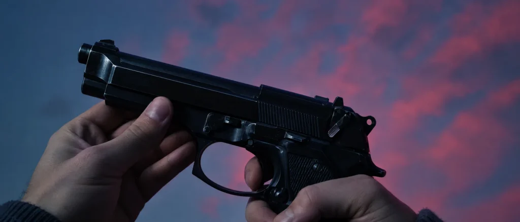 Close-up of the Beretta 92FS and its slide-mounted safety lever in Resident Evil 2026
