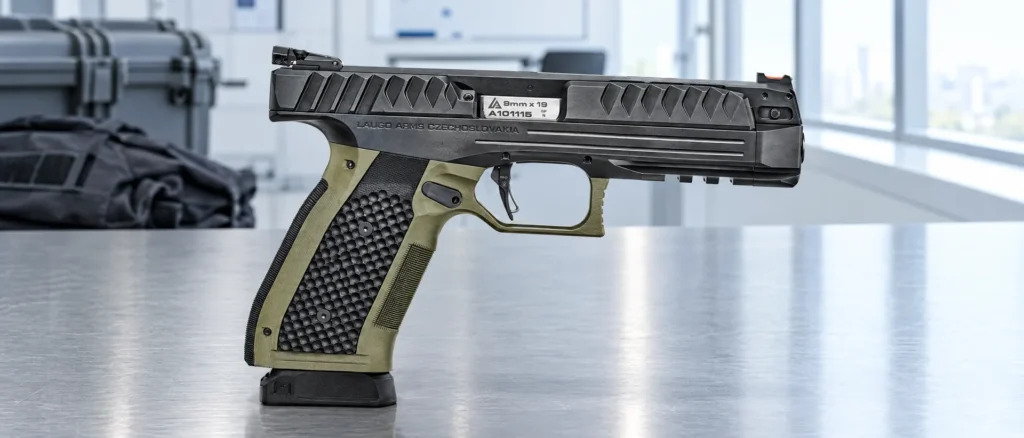 Laugo Arms Alien 9mm with its olive frame on a steel bench, the pistol Maxine carries in Resident Evil 2026