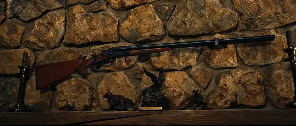 An exposed-hammer side-by-side 12 gauge mounted over a stone fireplace in Resident Evil (2026)