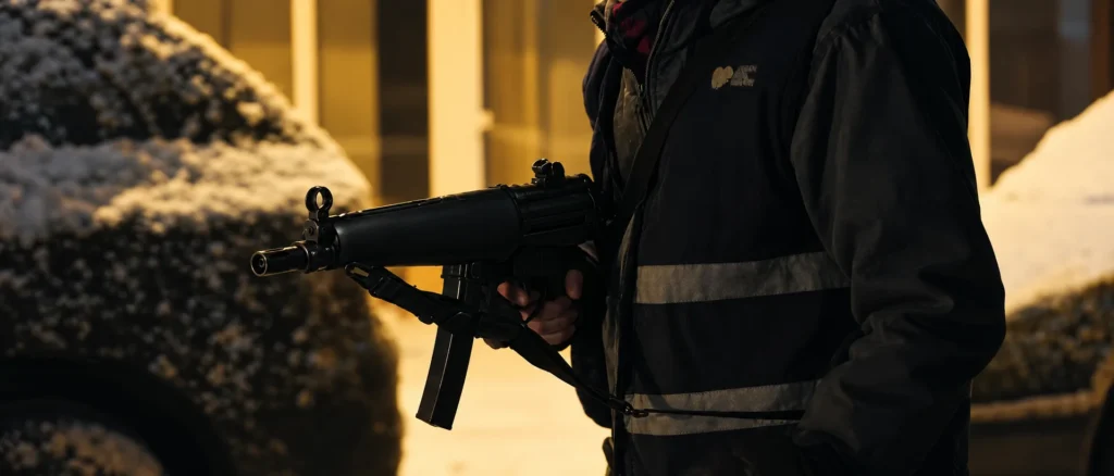 Bryan carrying an HK MP5A3 with the wide tropical handguard through snowy Raccoon City