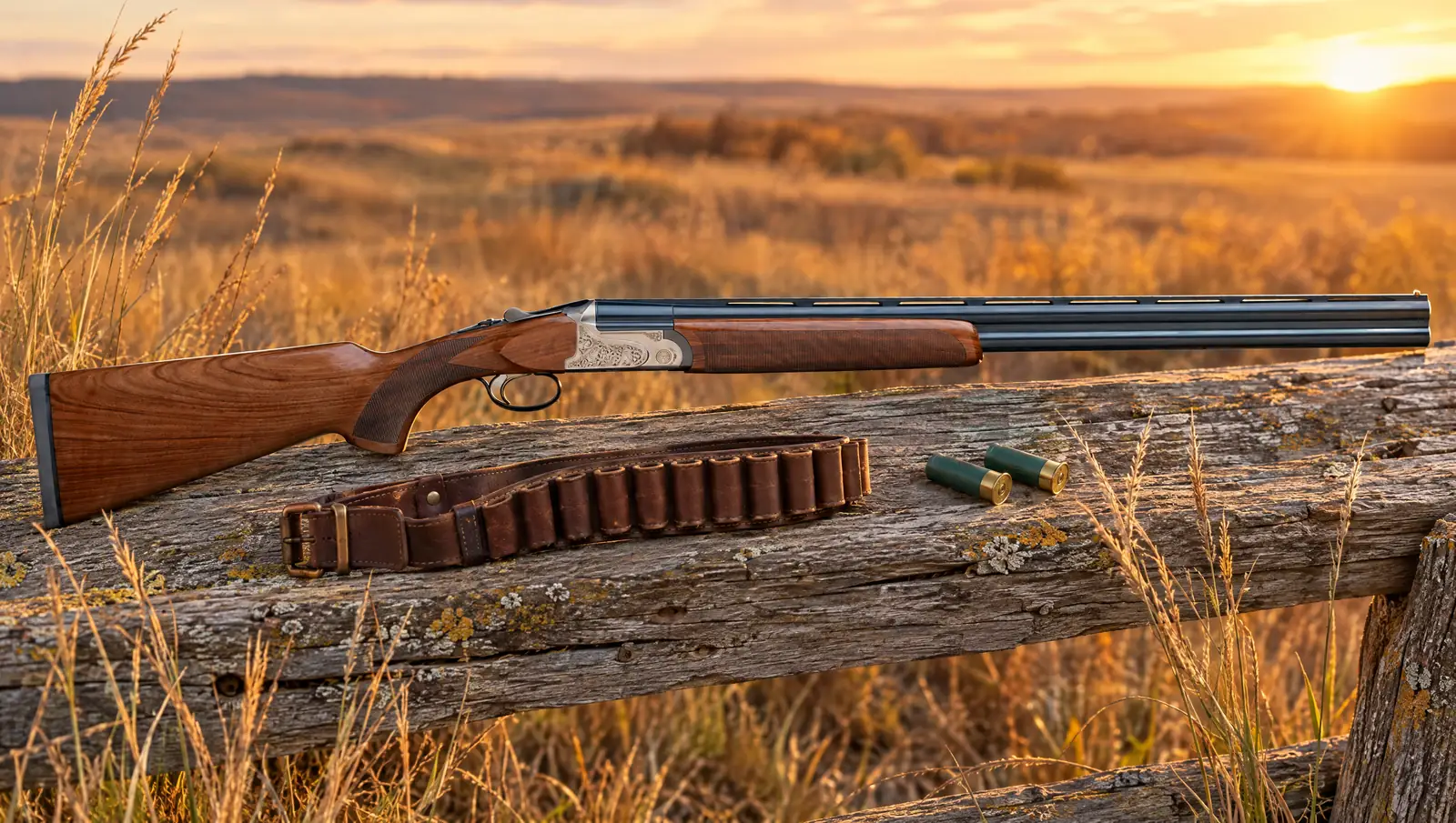 Rizzini BR110 Light Luxe 12 gauge over-and-under with a scroll engraved silver-gray receiver and oiled Turkish walnut stock lying on a weathered split-rail fence in golden prairie grass at sunrise beside a leather shell belt and two shotshells