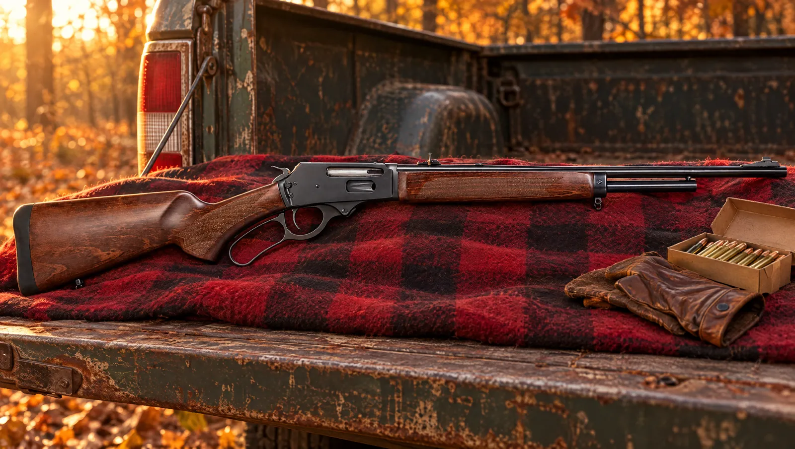 Rossi R95 .30-30 lever-action rifle with a walnut-finish stock lying on a red plaid wool blanket on a pickup truck tailgate in autumn woods at golden hour