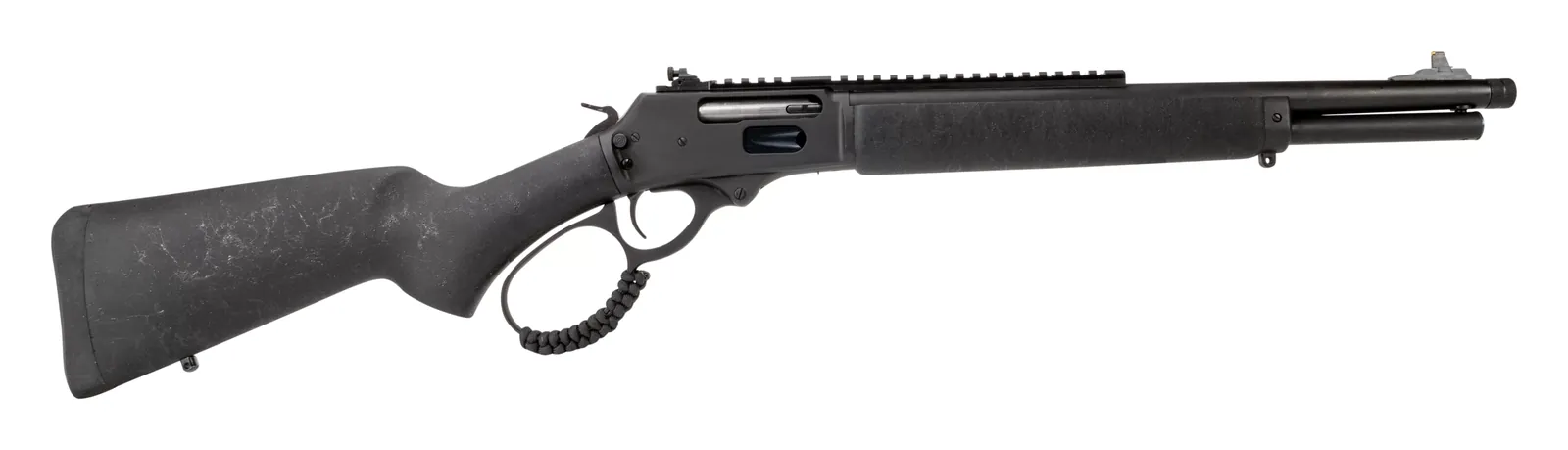 Rossi R95 Triple Black .45-70 lever-action rifle, item 954570161TB, with a Picatinny rail, threaded barrel and paracord-wrapped lever, Rossi photo