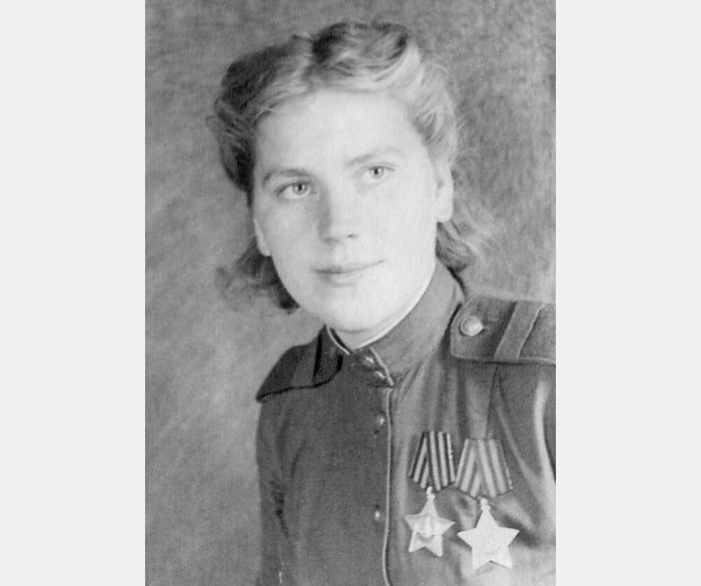 Soviet sniper Roza Shanina in uniform wearing her Order of Glory medals, 1944