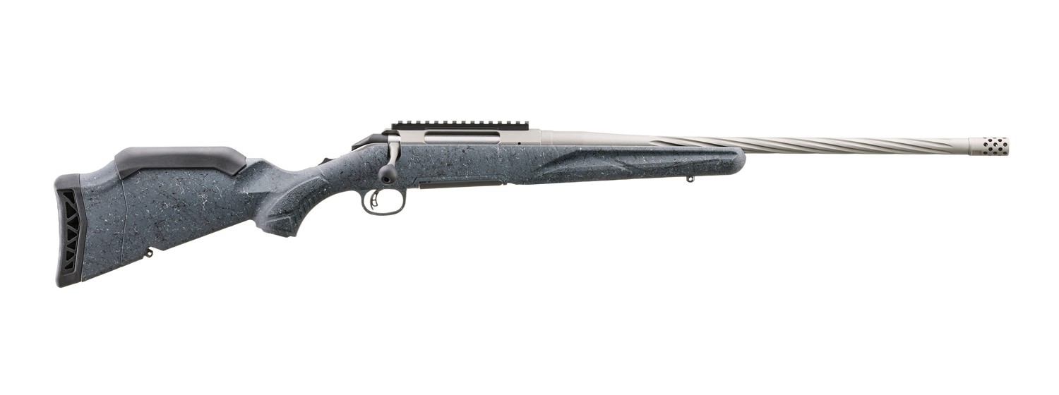 Ruger American Rifle Gen II with gray splatter stock, spiral-fluted barrel and muzzle brake