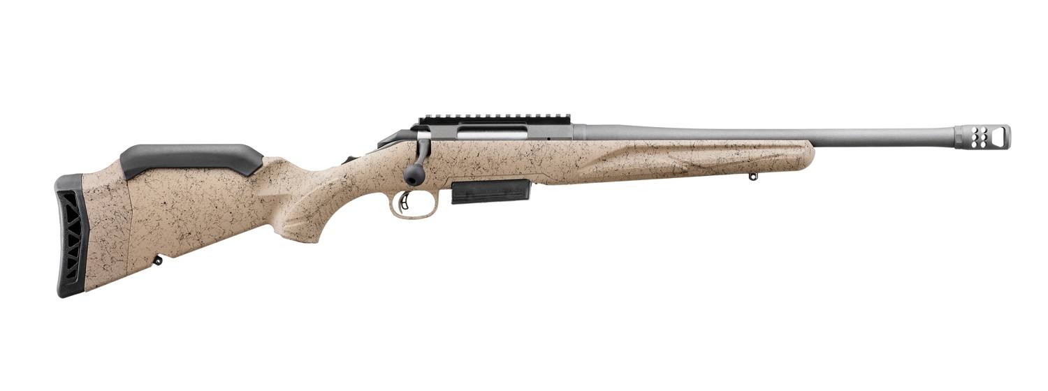 Ruger American Rifle Gen II Ranch bolt-action rifle in .450 Bushmaster with flat dark earth splatter stock