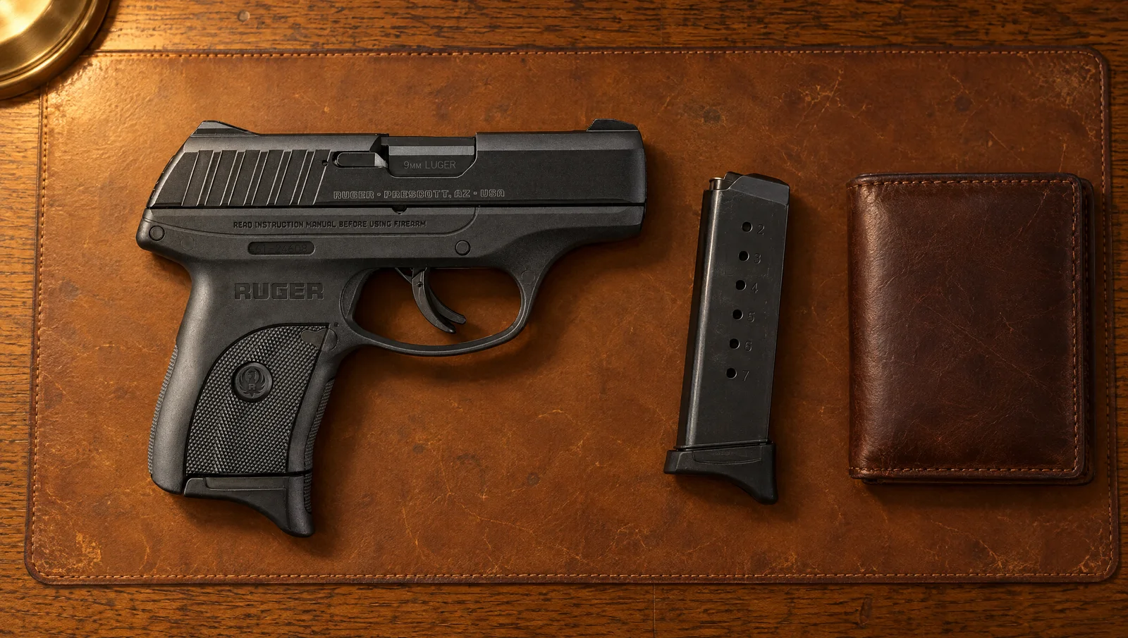 Ruger EC9s 9mm compact pistol lying on a leather desk blotter beside a spare 7-round magazine and a leather wallet under lamplight
