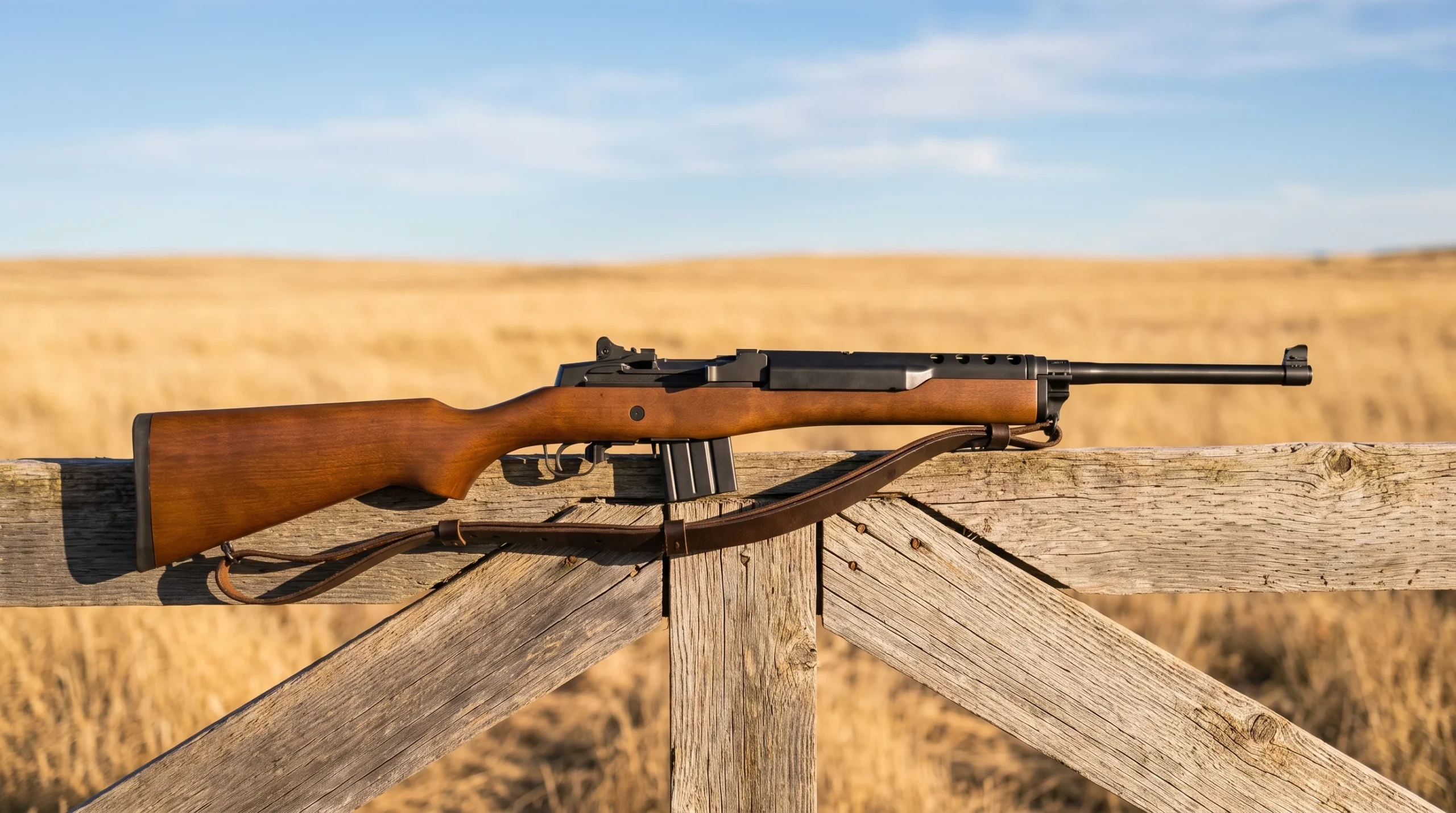 Ruger Mini-14 Ranch rifle on a sun bleached wooden ranch gate in dry golden grassland under a big blue sky