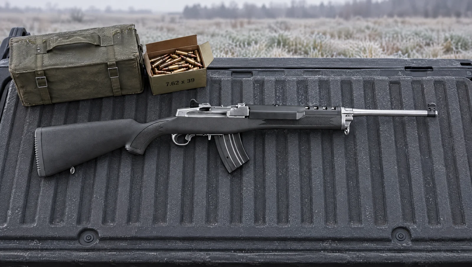 Ruger Mini Thirty 7.62x39 rifle with stainless receiver, black synthetic stock and 20-round magazine on a pickup truck bed beside an ammo can and a box of 7.62x39 cartridges