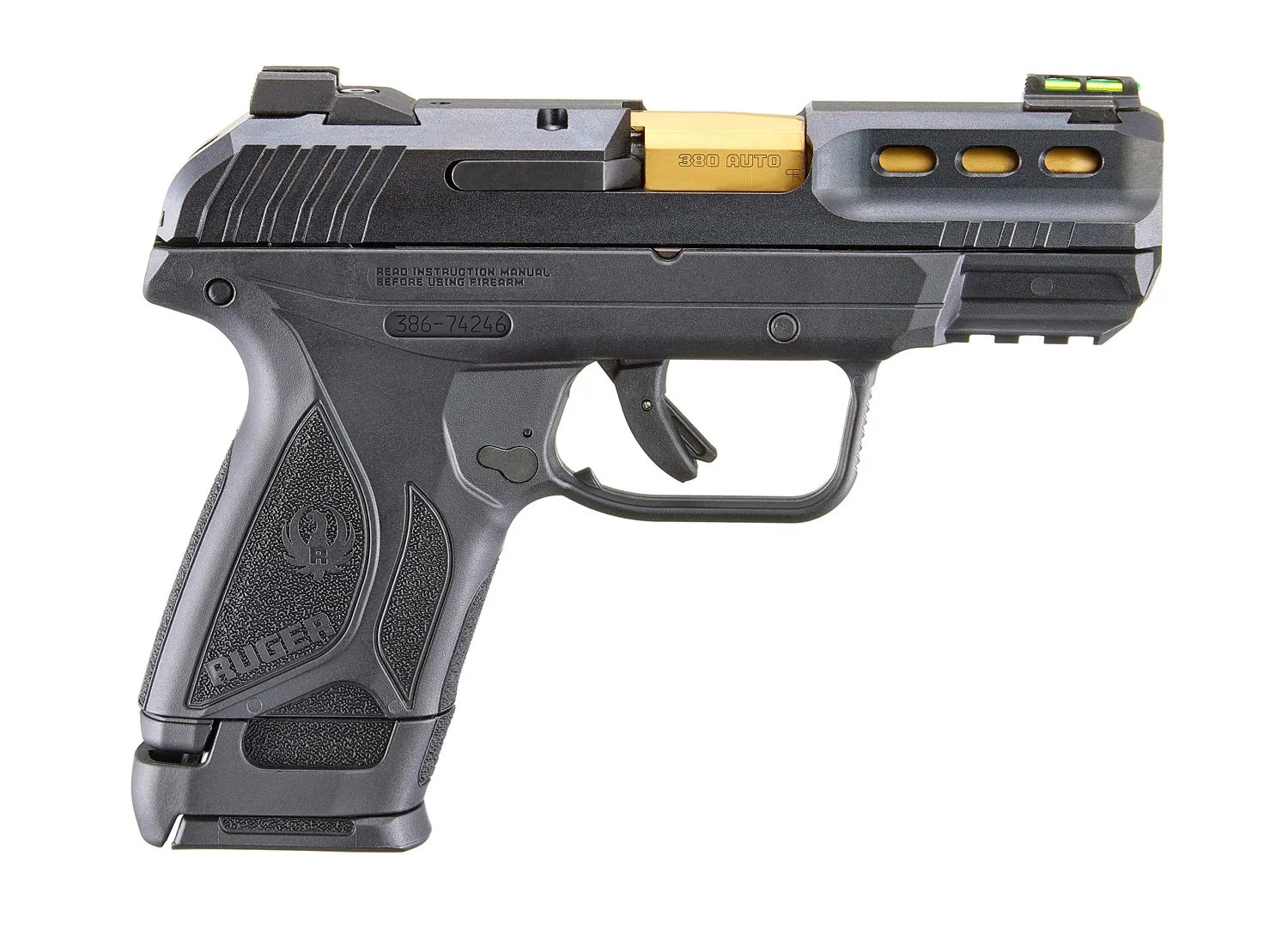 Ruger Security-380 model 3856 with gold titanium nitride barrel and 15 round magazine, Ruger studio photo