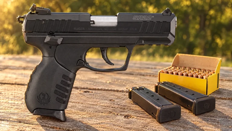 Ruger SR22 .22 LR pistol on a weathered cedar picnic table beside two spare magazines and a box of rimfire cartridges in late afternoon sun