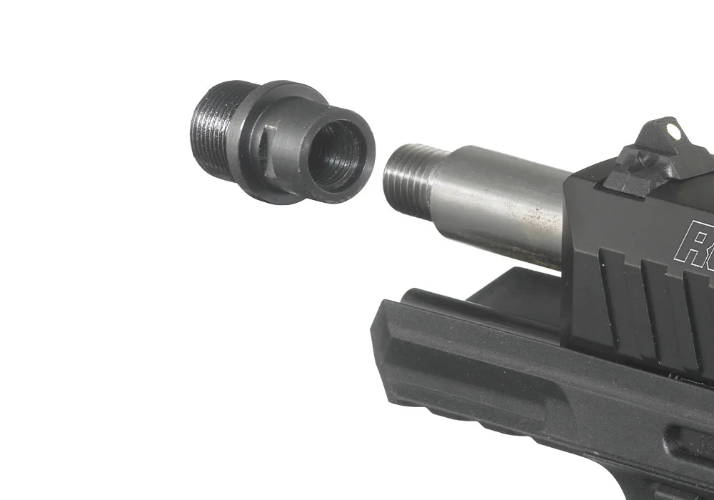 Ruger SR22 threaded barrel with the included 1/2-28 thread adapter and thread cap