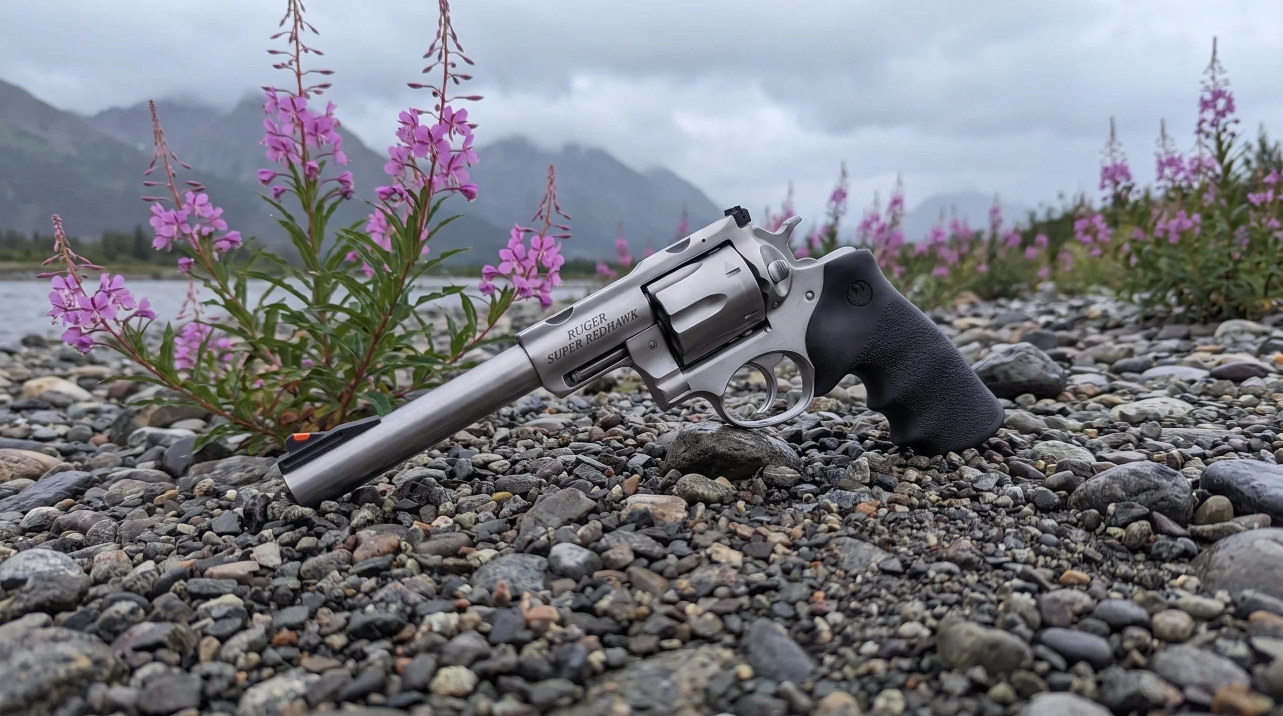 Ruger Super Redhawk on a gravel riverbank in Alaska beside pink fireweed flowers under cool overcast light