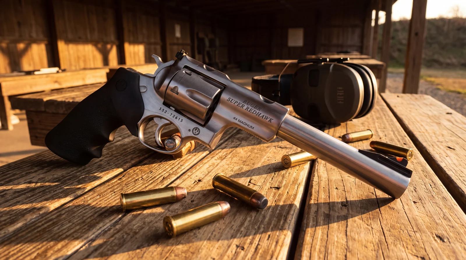 Ruger Super Redhawk .44 Magnum revolver on a wooden shooting bench in warm evening light with magnum cartridges