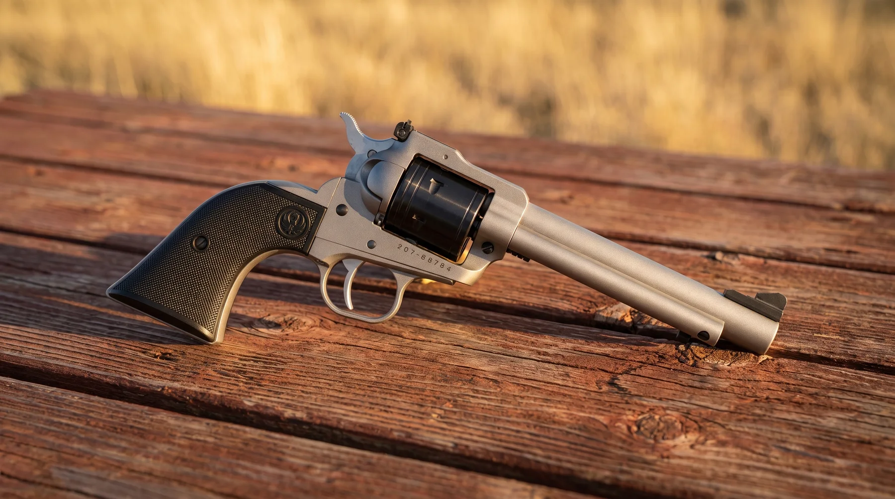 Silver Ruger Super Wrangler revolver lying on a weathered cedar table at golden hour