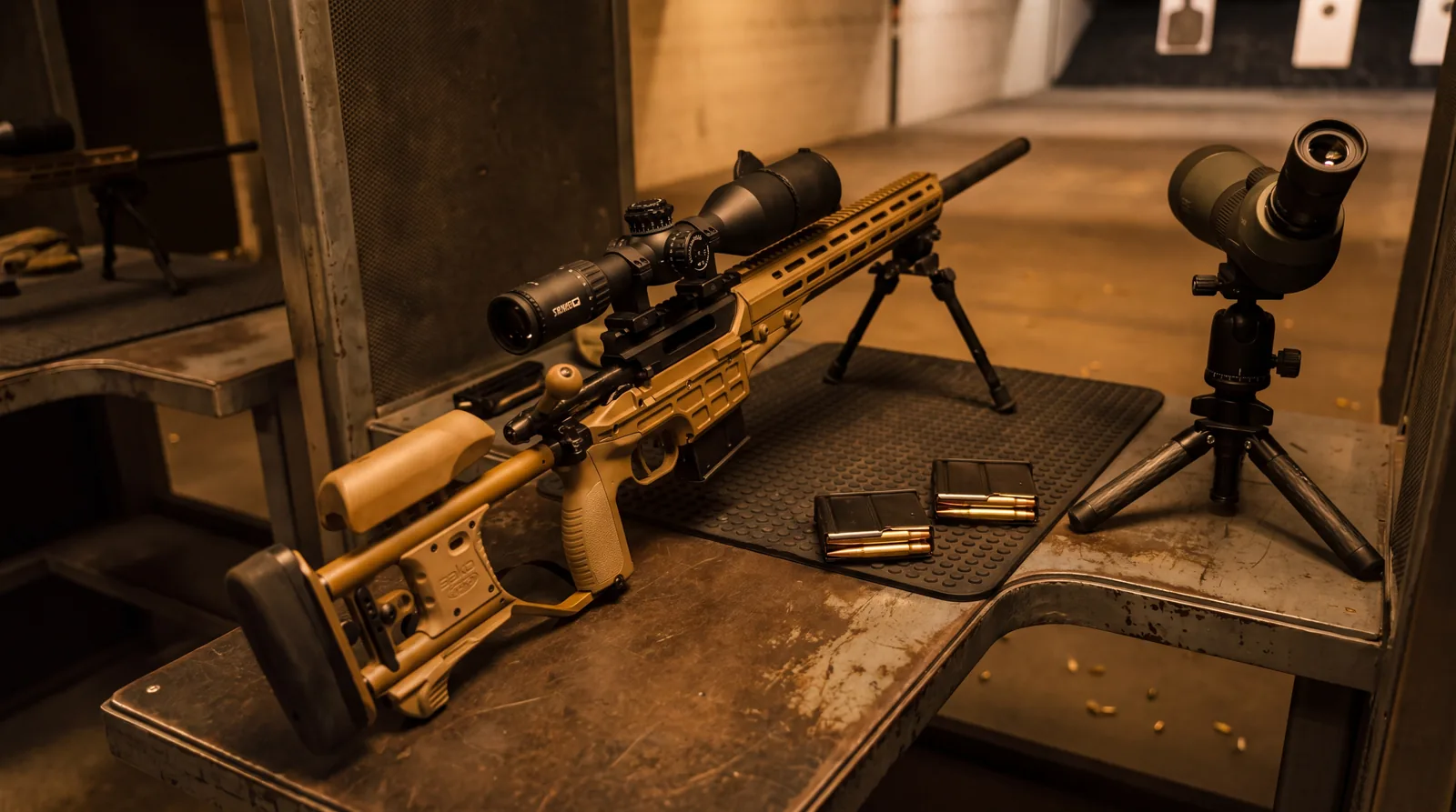 Sako TRG 22 A1 precision rifle on a black mat on a steel table in a warmly lit indoor range bay with loaded magazines and a spotting scope