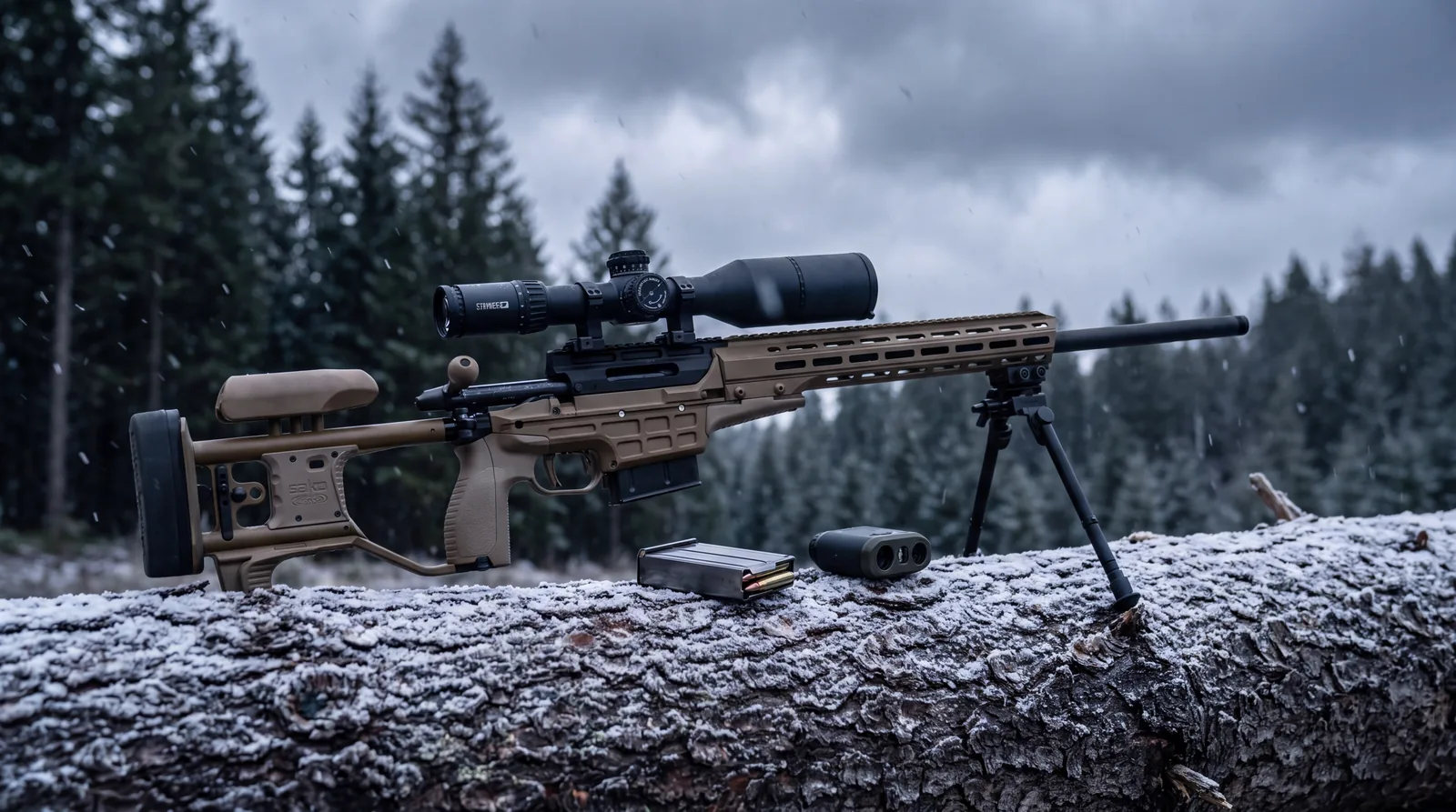 Sako TRG 22 A1 precision rifle with folding chassis stock and bipod set up on a snow dusted log at the edge of a pine forest under grey winter cloud