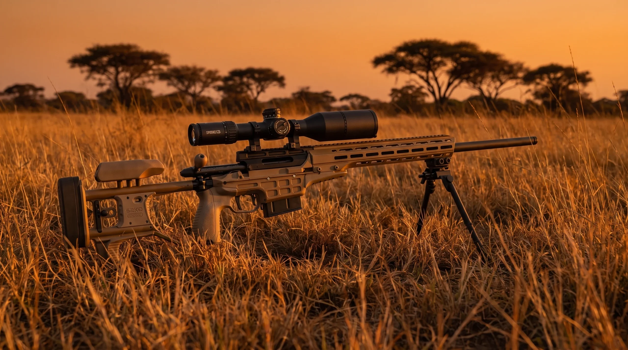 Sako TRG on its bipod in tall dry golden savanna grass at sunset with acacia tree silhouettes