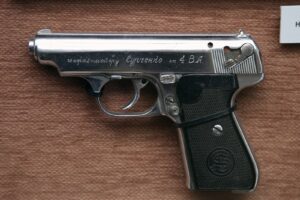 Engraved nickel Sauer 38H pistol on display at the Smolensk war museum