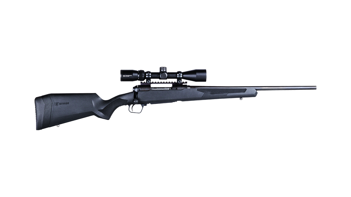 Savage 110 Apex Hunter XP .204 Ruger bolt-action rifle with black synthetic stock and factory mounted scope