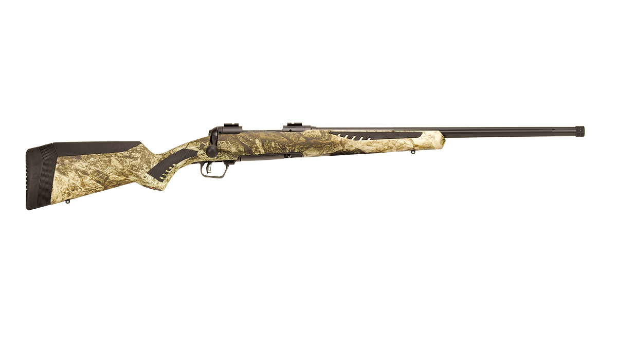 Savage 110 Predator .204 Ruger bolt-action rifle with Mossy Oak Terra camo stock and fluted heavy barrel
