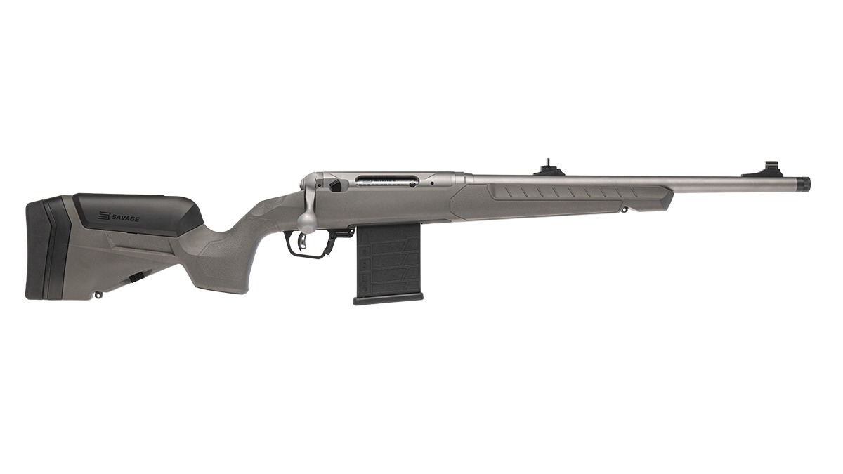 Savage 110 Ridge Hunter bolt-action rifle with stainless barreled action, gray stock, iron sights and detachable magazine