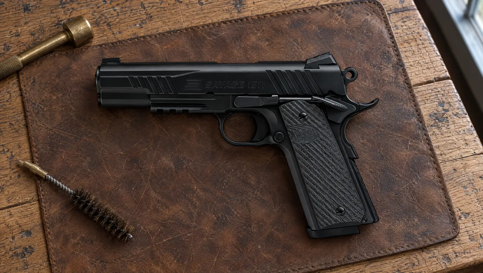 Savage 1911 black nitride with rail, left side showing the SAVAGE 1911 slide marking, lying on a leather mat on an oak workbench
