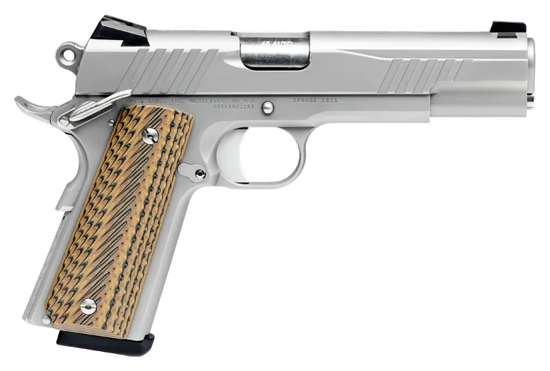 Savage 1911 Government style stainless steel pistol with Hyena Brown G10 grips, right side, Savage Arms photo