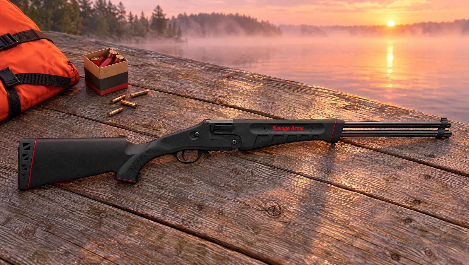 Black Savage 42 Takedown .22 LR over .410 combination gun on a wooden canoe dock at sunrise beside a box of .410 shells and loose .22 cartridges