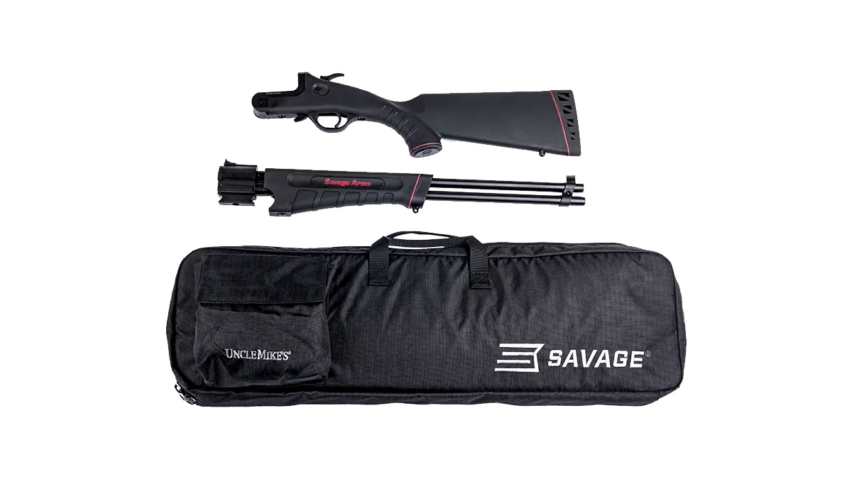Savage 42 Takedown broken down into its buttstock and barreled action above the included bug-out bag, Savage Arms photo