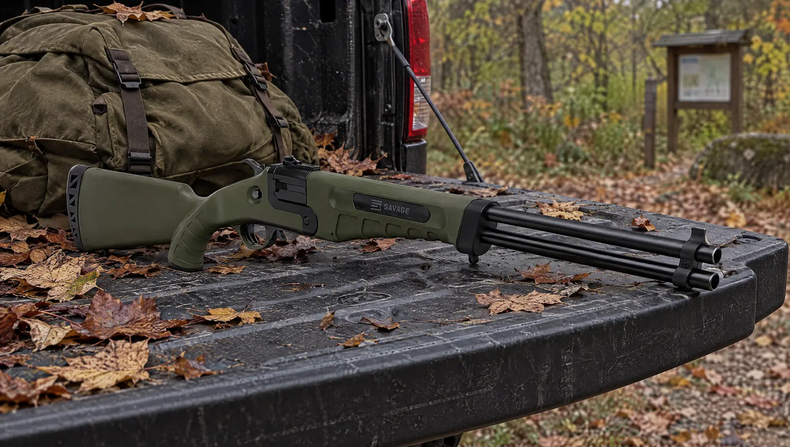 OD Green Savage 42 Takedown combination gun lying on a pickup truck tailgate beside a canvas backpack at an autumn trailhead