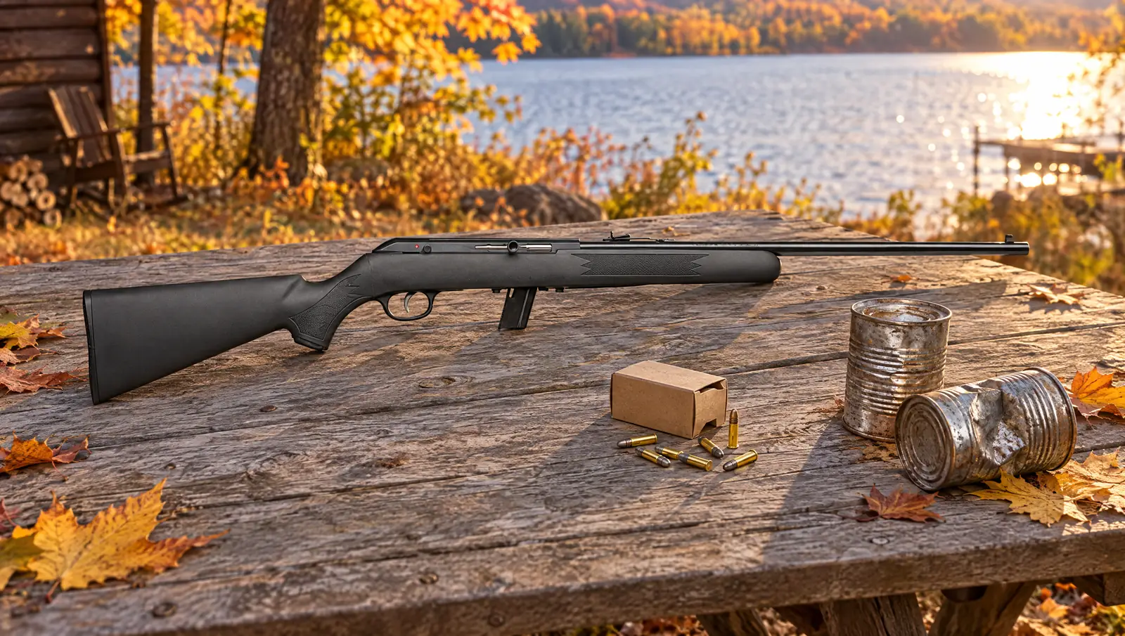 Black Savage 64 F .22 LR semi-auto rifle with a 10-round magazine on a weathered picnic table by a lake in autumn, beside a box of .22 ammo and tin cans