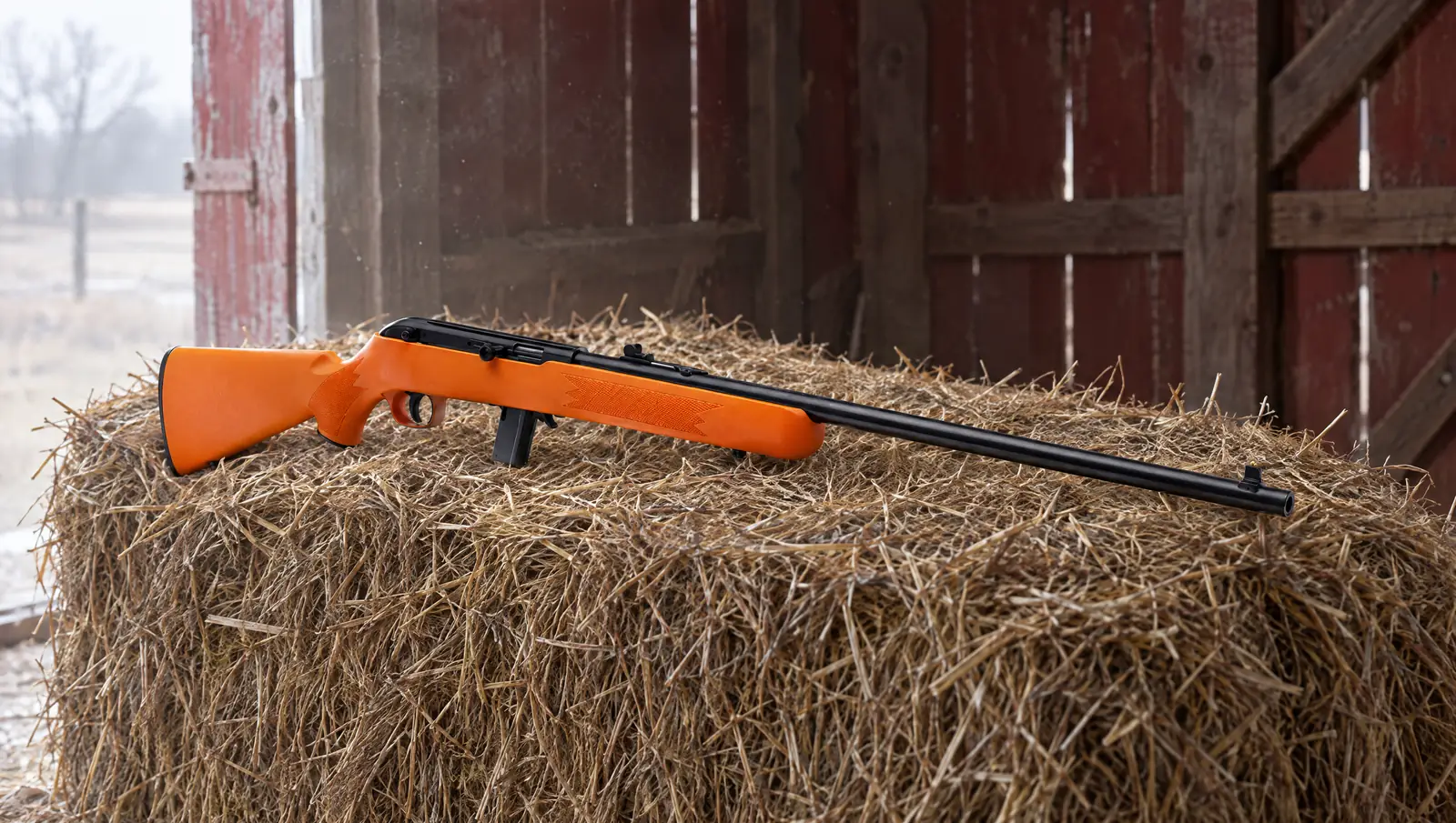 Savage 64 F .22 LR rifle with a bright orange synthetic stock lying on a hay bale inside an old red barn