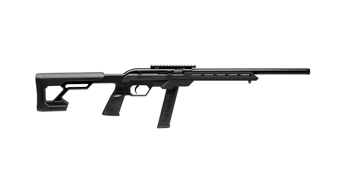 Savage 64 Precision .22 LR with a chassis stock, heavy threaded 16.5 inch barrel, top rail and 20-round magazine, Savage Arms photo