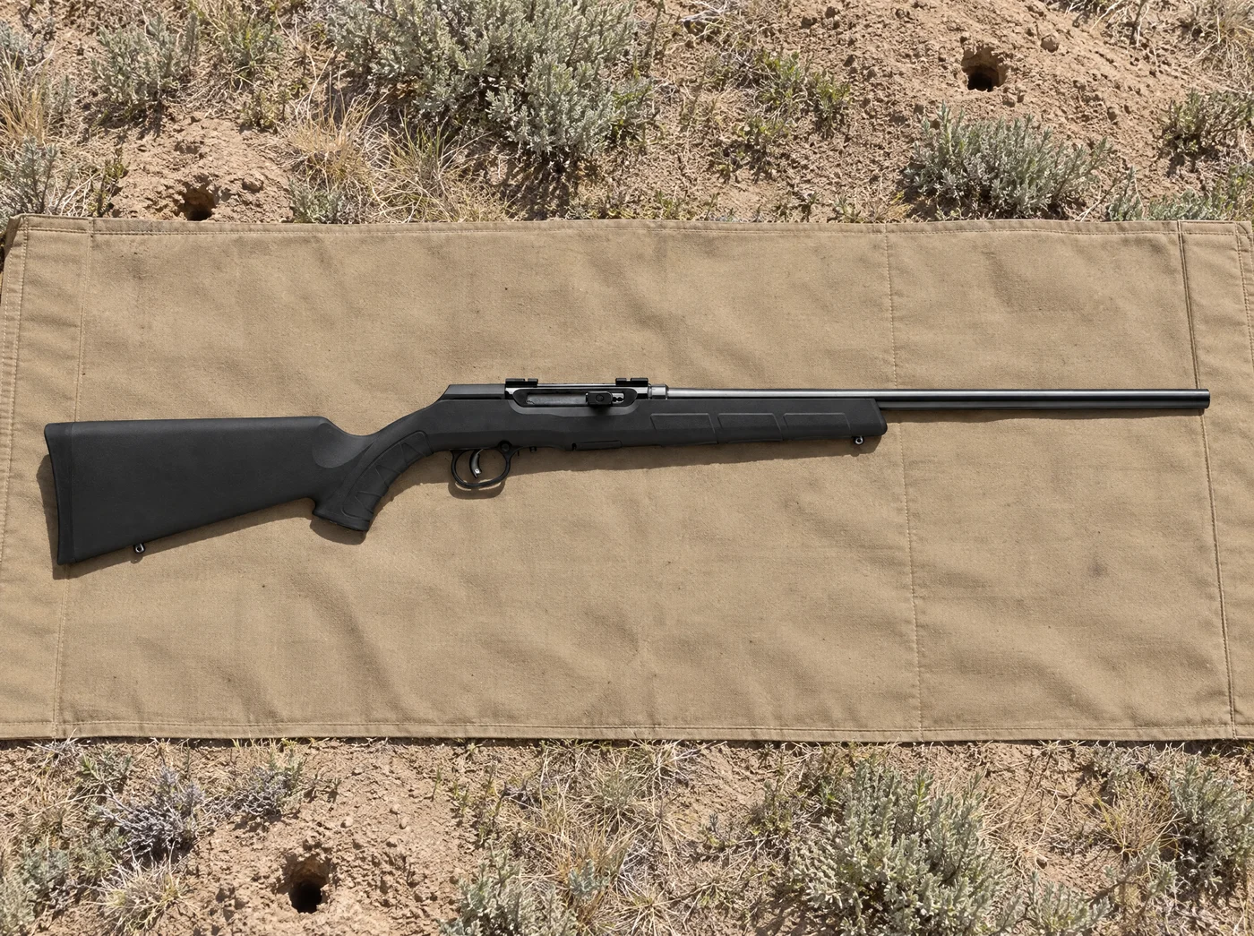 Savage A17 Heavy Barrel 17 HMR with black synthetic stock on a tan canvas shooting mat, seen from above